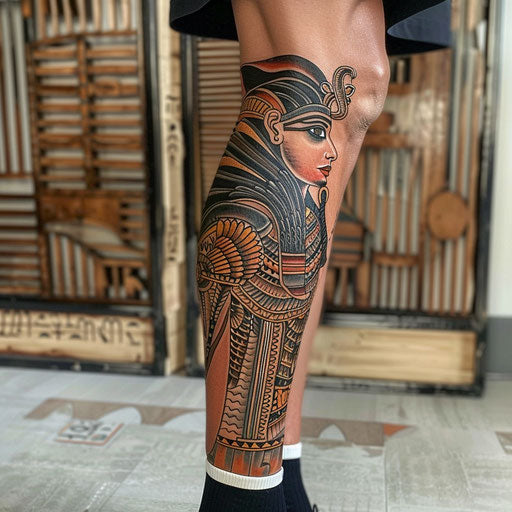 Ancient Egyptian leg tattoo in the style of Ami James