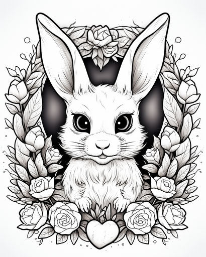Coloring page of cute bunny and hearts, fujifilm acros style