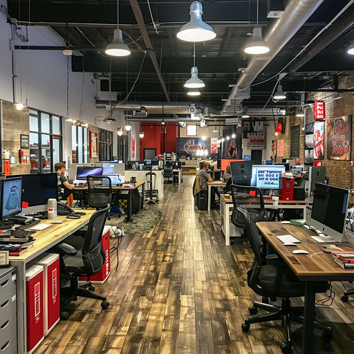 Vibrant sales floor with open desks and motivational posters