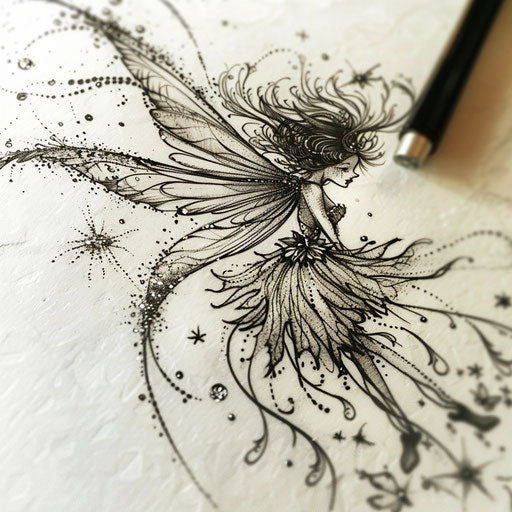 Golden dust fairy tattoo design with sparkles on white canvas