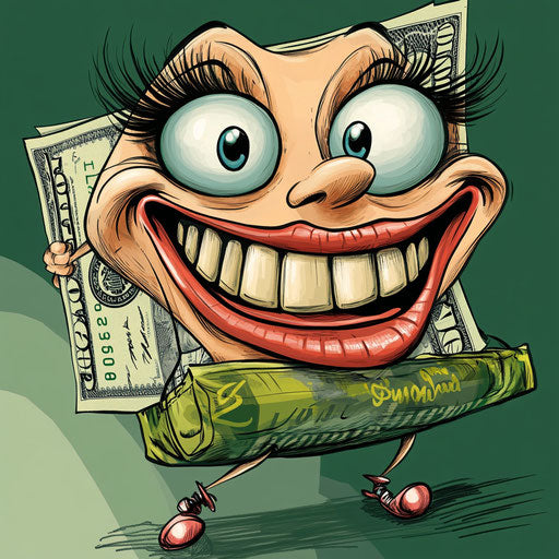 Humorous caricature of a dollar bill with human characteristics