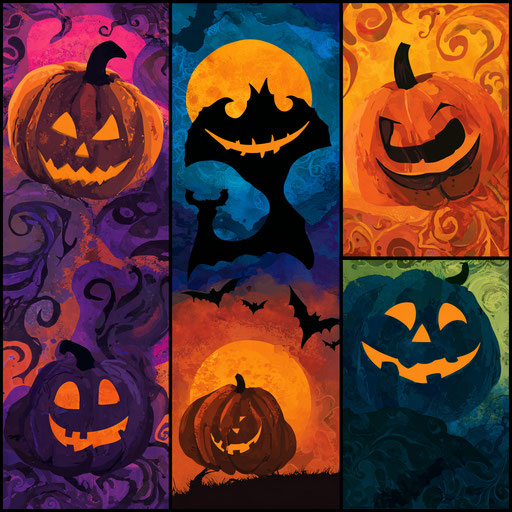 Vibrant Halloween Panels Featuring Pumpkins and Bats