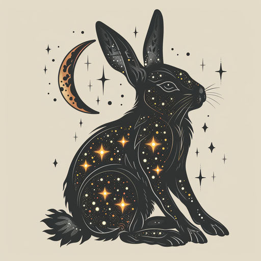 Black rabbit with celestial moon patterns