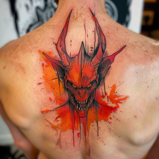 Watercolor devil tattoo art blending reds, oranges, and yellows on white backdrop
