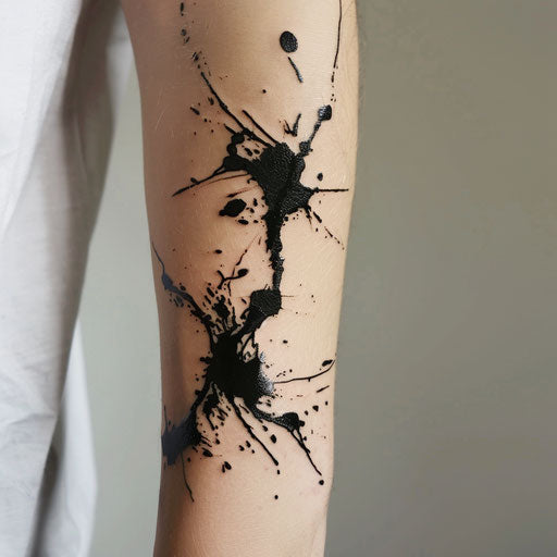 Graffiti-style street art tattoo, black ink splatter