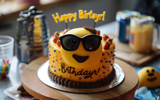 Birthday cake with yellow smiley wearing sunglasses