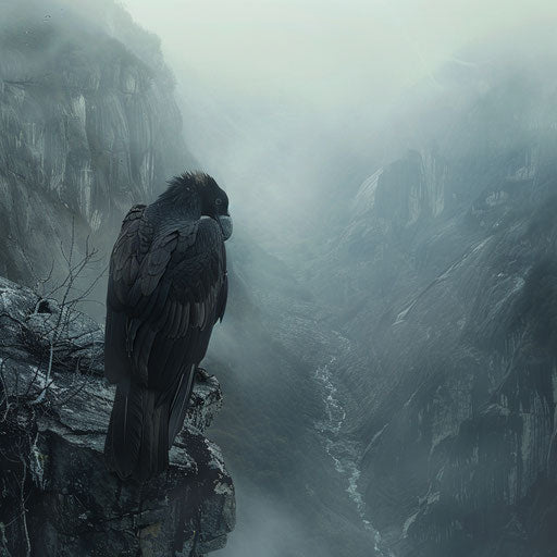 Condor in a surreal, misty mountain landscape