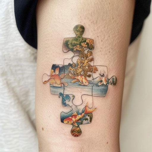 Puzzle piece tattoo with aquatic scene