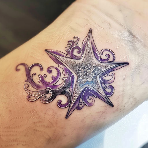 Abstract nautical star tattoo in purple and silver