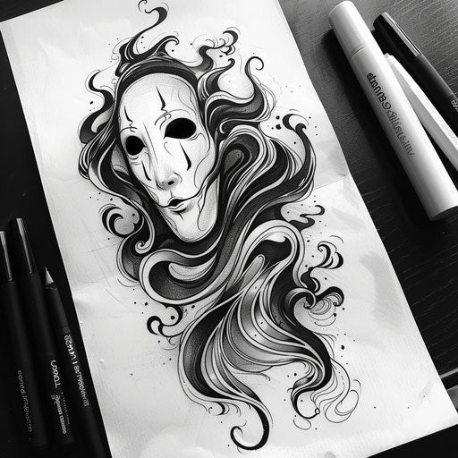 Dynamic flat tattoo sketch of No-Face with abstract, swirling ink clouds