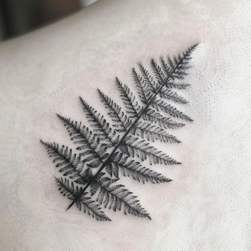 Realistic black and gray fern tattoo on white parchment