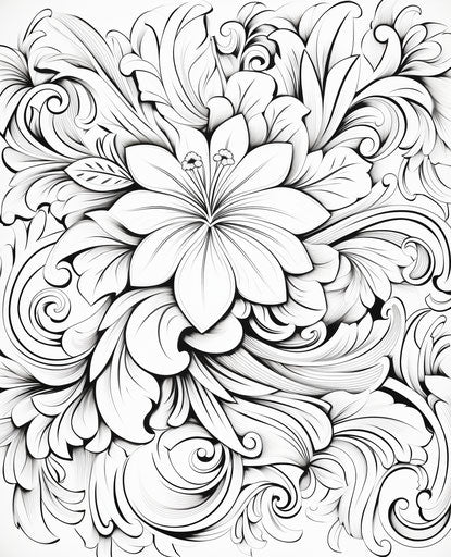 Pattern surrounded by flowers and leaves, Maori art style, pencil sketches