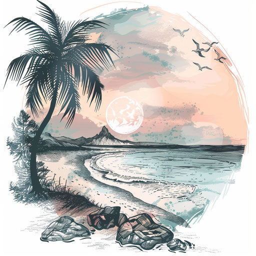 Serene beach scene in flat tattoo style, pastel-toned clipart