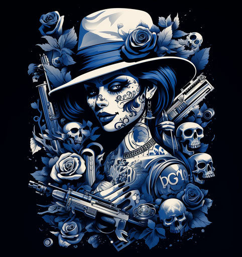 Woman with tattoo and guns, hip hop chicano style, money theme