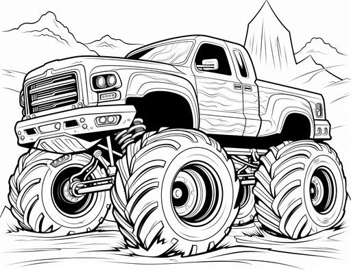 Monster truck coloring page, captivating silhouette
