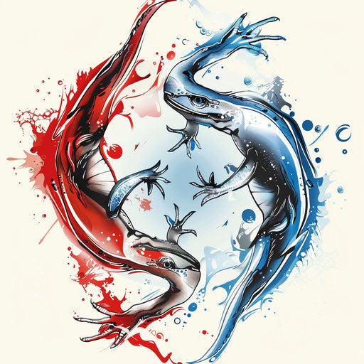 Flat tattoo sketch of lizard with half blue and half red