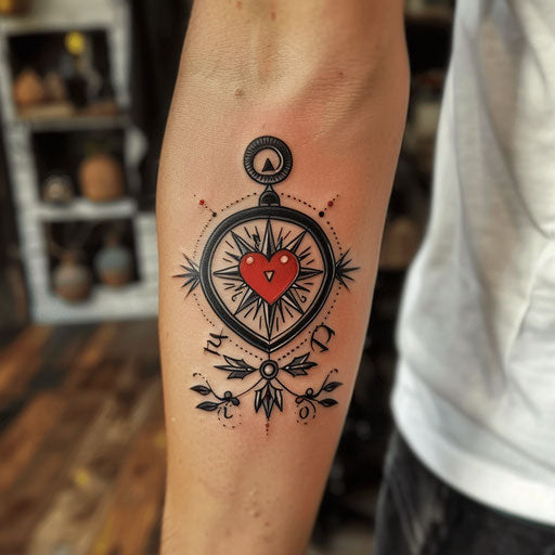 True north tattoo with heart-shaped compass, vibrant red and black, on white background
