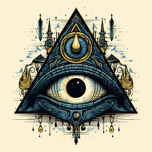 Oval shaped all seeing eye with elements below, minimalist linework style