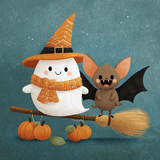 Charming scene with a friendly ghost and a playful bat