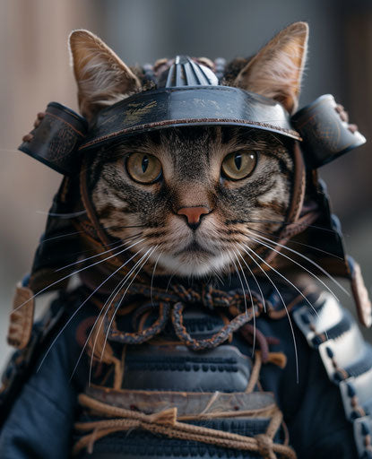 Cute cat dressed as samurai in high quality photo