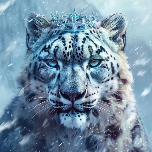 Snow leopard with a crown of ice and snow, reigning over frozen kingdom.