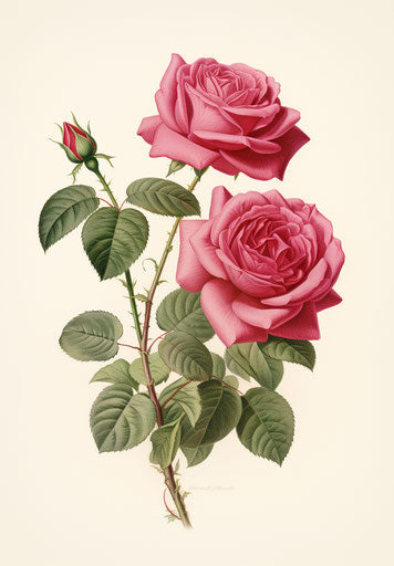 Embroidered roses with leaf, naive drawing style, magenta, highly realistic