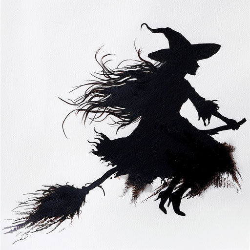 Eerie silhouette of a witch flying on a broomstick, dark tattoo artwork on a bright white canvas