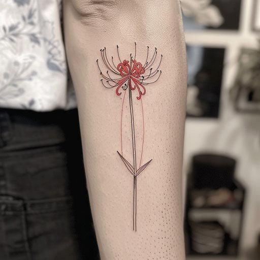 Contemporary minimalist tattoo sketch of a red spider lily with a single continuous line