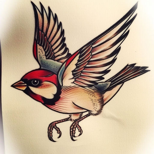 Sailor Jerry-inspired sparrow tattoo, bold lines, classic colors on white