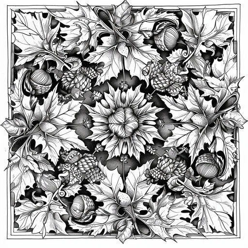 Autumnal mandala with leaves and acorns. Coloring page