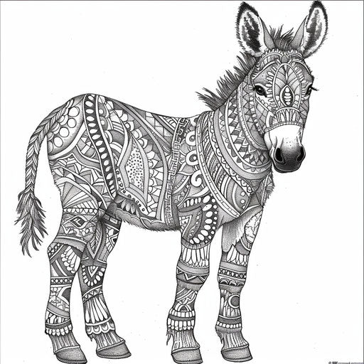 Adult coloring page of a donkey adorned with intricate paisley designs.