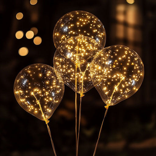 Six golden glowing transparent balloon-shaped lights in the dark.