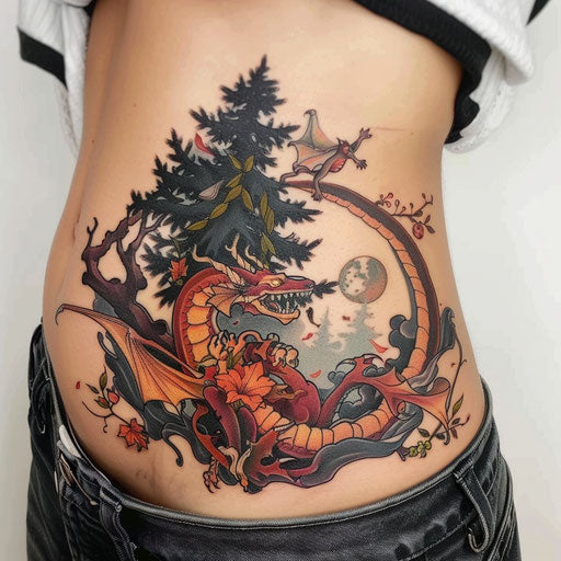 Whimsical and fantastical stomach tattoos