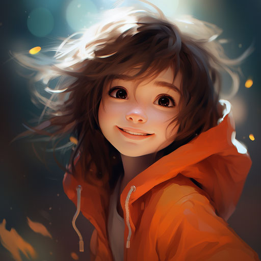 The most beautiful anime girl in the world, orange and brown style, joy whimsicality