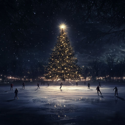 Christmas tree on a frozen lake, lit by spotlights, with ice skaters gliding around it under the night sky