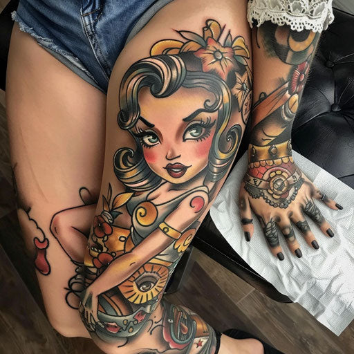 Leg tattoos for women in the style of Steve Sack with a humorous design
