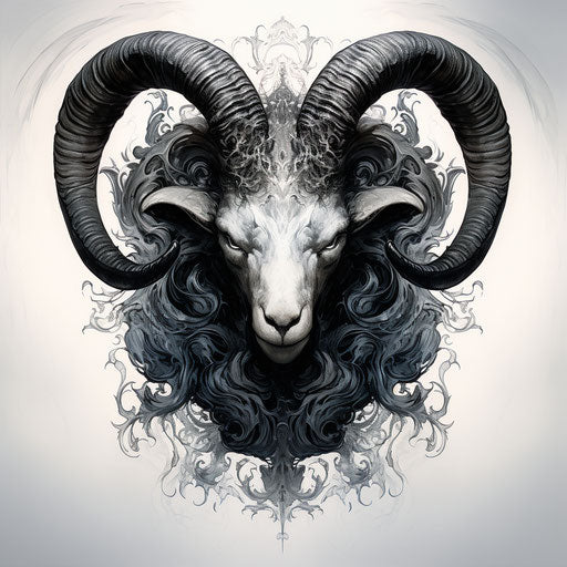 Black and white ram head, nightmarish visions style