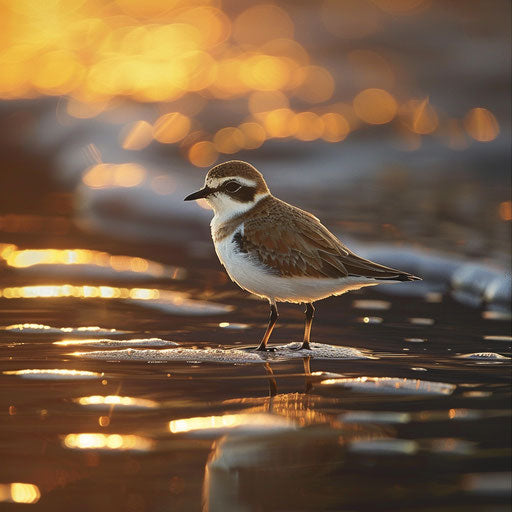First light of dawn on a western snowy plover searching for breakfast along the shore