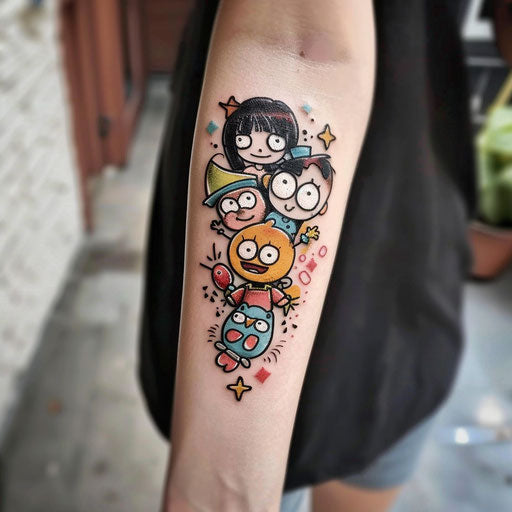 Forearm tattoos for women in Steve Sack style with humor cartoons