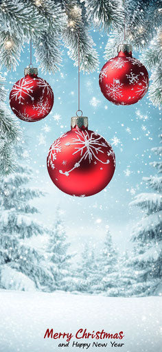 3D red Christmas ornaments against snowy blue background