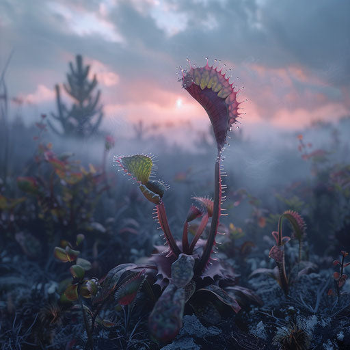 Carnivorous plant in its natural habitat on a foggy morning