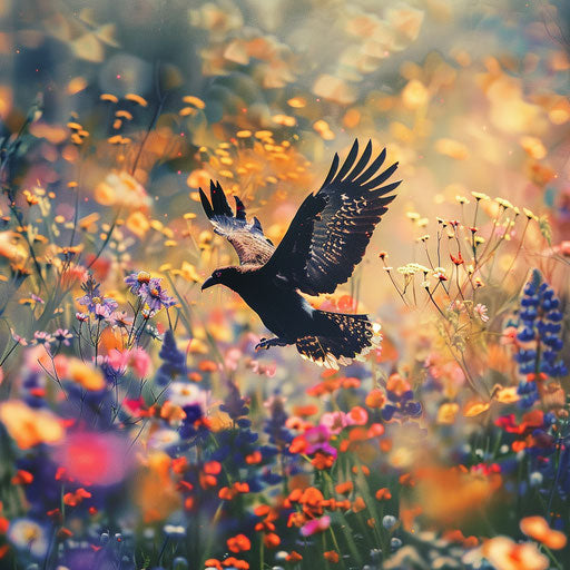 Condor among colorful wildflowers