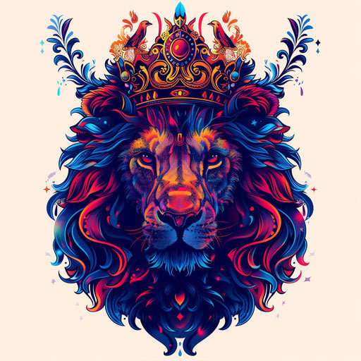 Regal lion adorned with electric blues and fiery reds