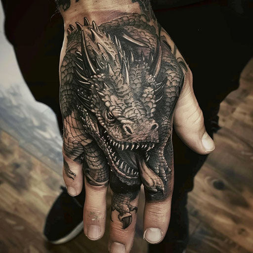Hand tattoo for men depicting a fierce dragon, in the style of Peter Jackson
