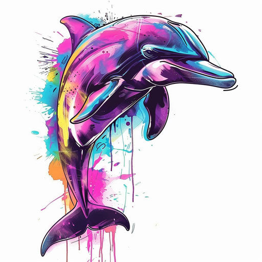Neon-colored dolphin tattoo in graffiti style on white