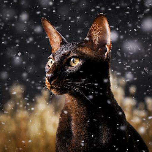 Oriental shorthair cat in a field while it is snowing