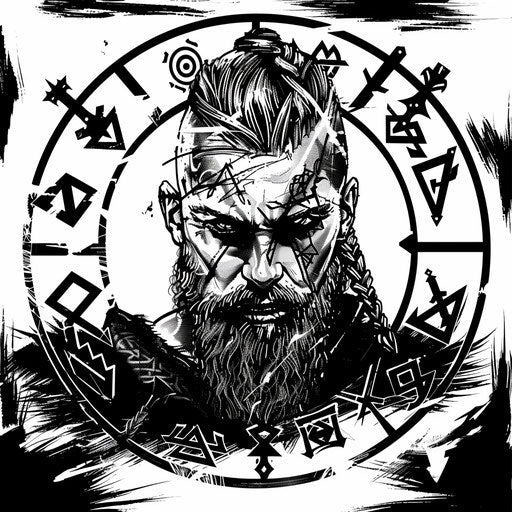 Mystical tattoo sketch of Baldur surrounded by Norse runes