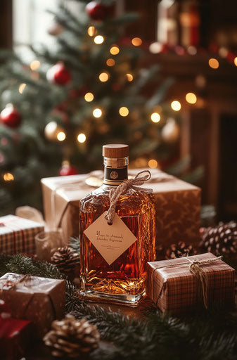 Whiskey bottle with a gift tag on a table surrounded by Christmas presents