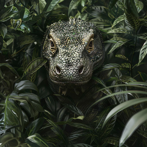 Komodo dragon emerging from dense foliage, detailed and lifelike