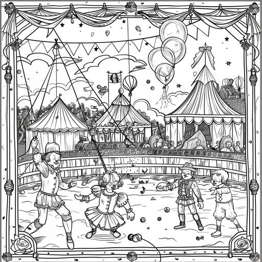 Playful scene of clowns juggling balloons at a circus